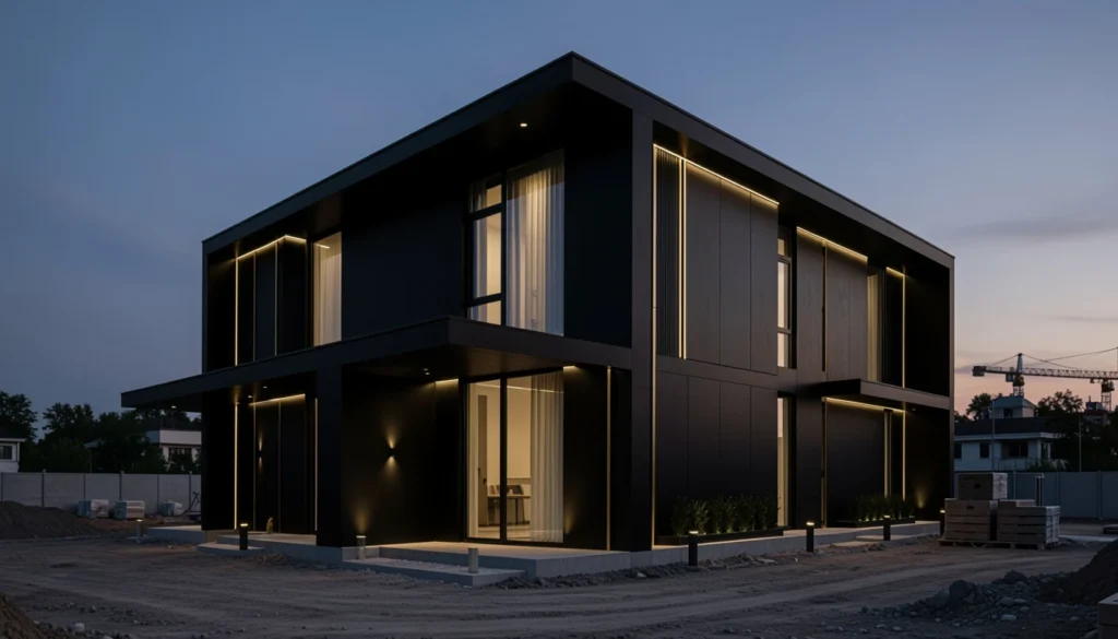Branding BTP premium illustré par une architecture contemporaine haut de gamme
